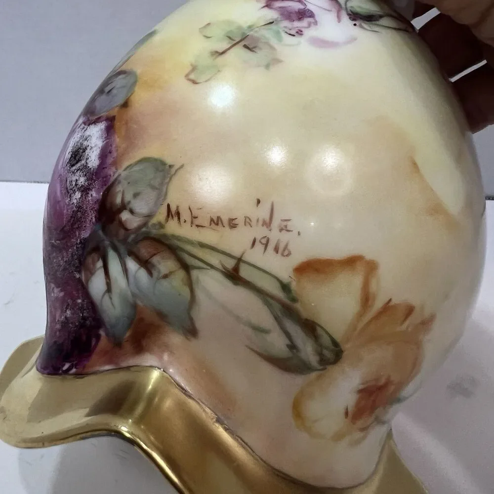 Vintage 1946 Hand Painted Porcelain Lamp Shade Roses Gold Ruffled 2.25